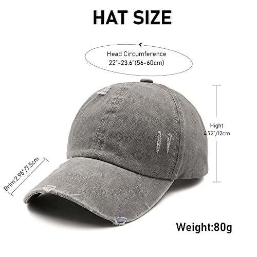 Promindfun Womens Ponytail High Messy Bun Hats Distressed Baseball Caps Unconstructed Washed Dad Hat Girls Trucker Ponycaps (01-Solid Fabric Grey) #TOP4