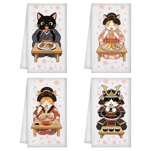 WADORN 4 Styles Chats Drôles Torchons de Cuisine, Cadeaux Chats Japonais pour Femmes Hommes Torchon à Vaisselle Torchon à Thé Réutilisable Torchons Décoratifs Mains Doux 40x60cm pour Salle de Bain