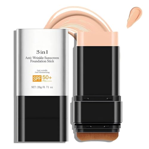 3 In 1-Luxury Anti-Wrinkle Foundation Stick SPF 50+ with Brush, Hydrating Non-Sticky Matte Foundation Stick, Travel Size Defense Face and Body Sunscreen Lotion, Medium Color, 1.42 Fl Oz