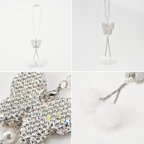 Image of Crystal Rhinestones Butterfly Car Hanging Ornament Shimmering Rearview Mirror Pendant with Fur Ball Car Charm Auto Interior Decoration Accessories, White