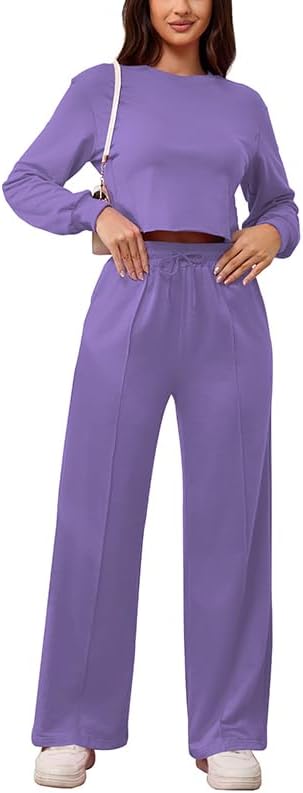 PINSV Women's 2 Piece Outfits Sweatsuit Set Long Sleeve Crop Top Drawstring Wide Leg Pants with Pockets Tracksuits Casual Set - Image 3