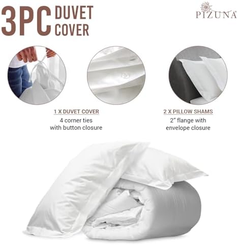 Pizuna Pure 100% Cotton King Duvet Cover with Shams, Luxurious 400 Thread Count Long Staple Cotton Sateen Weave with Hidden Button Closure (Combed White Cotton Duvet Covers King) — view 2