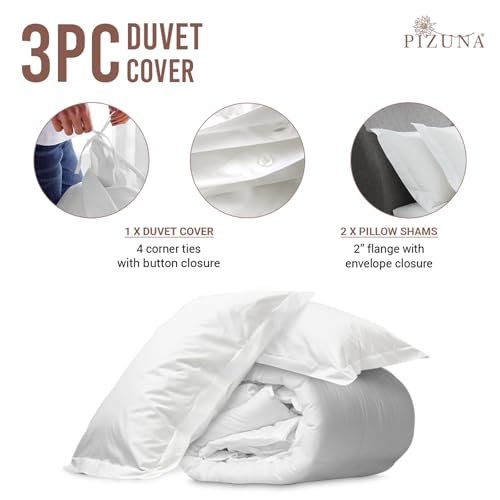 Pizuna Pure 100% Cotton Full Duvet Cover Set, Luxurious 400 Thread Count Long Staple Cotton Sateen Weave with Button Closure (Combed White Cotton Duvet Cover Full)
