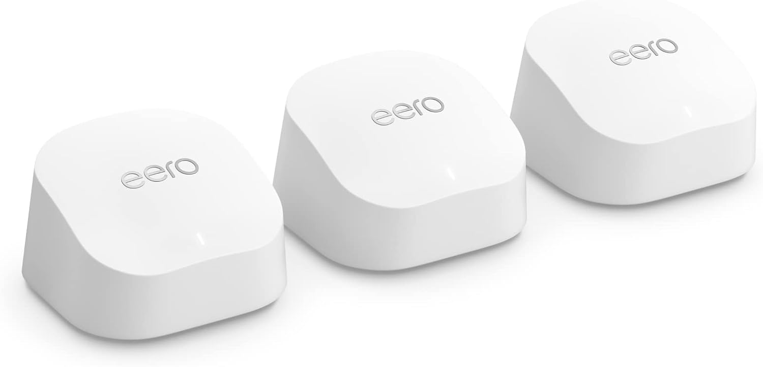 Like-New Amazon eero 6+ mesh wifi system - Supports internet plans up to a Gigabit, Coverage up to 4,500 sq. ft., Connect 75+ devices, 3-pack