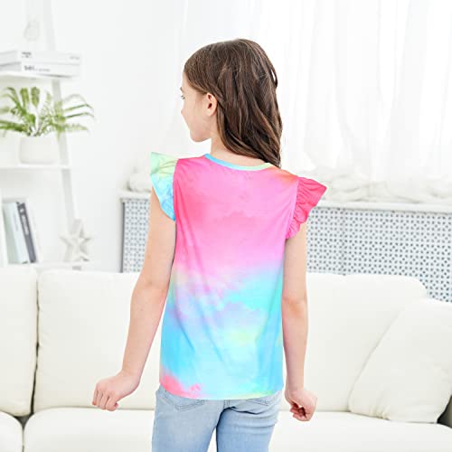 Image of JESKIDS Girls Short Sleeve Shirts Ruffle Tie Front Unicorn /Tie Dye Print Summer Tee Tank Tops 3-11 Years