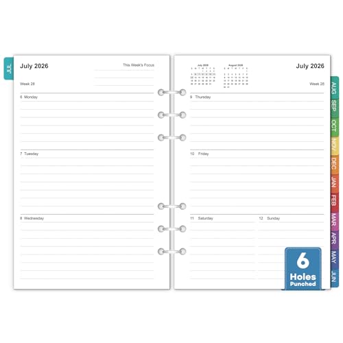 Papvine A5 Planner Inserts 2026-2027 - Weekly & Monthly Planner Refills for 6-Ring Binders Jul 2026 - Jun 2027 100gsm Thick Paper 6-Hole Punched Calendar Inserts with Colorful Tabs 5.5 x 8.3