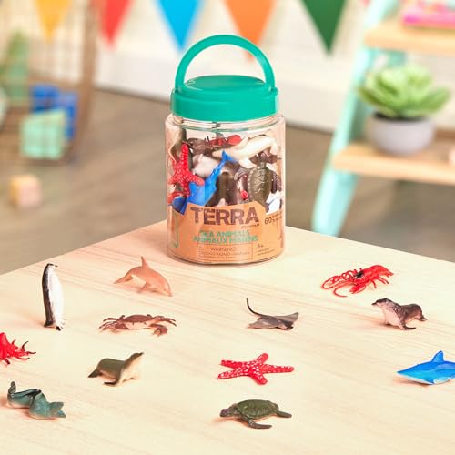 Terra 60-teilig Tierfiguren Sammlung Meerestiere Spielzeug Set – Hai, Schildkröte, Tintenfisch, Krabbe, Pinguin, Delphin und mehr – Spielzeug ab 3 Jahren, 2'
