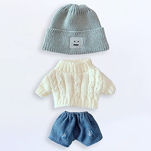 Niannyyhouse Doll Clothes Suit 7.8In/20Cm Plush Doll Clothes Hat + Sweater + Shorts 3-Piece Set Doll Dressup Square Face Hat Denim Shorts White Sweater (Blue) #TOP5