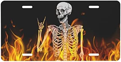 Fire Rocker Skeleton Skull Aluminum License Plate Decorative Metal Car Front License Plate Cover with 4 Holes Car Tag 6x12inch