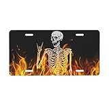 Fire Rocker Skeleton Skull Aluminum License Plate Decorative Metal Car Front License Plate Cover wit