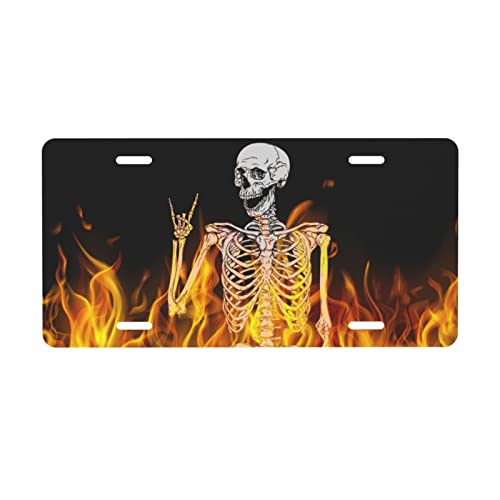 Fire Rocker Skeleton Skull Aluminum License Plate Decorative Metal Car Front License Plate Cover With 4 Holes Car Tag 6X12Inch #TOP2
