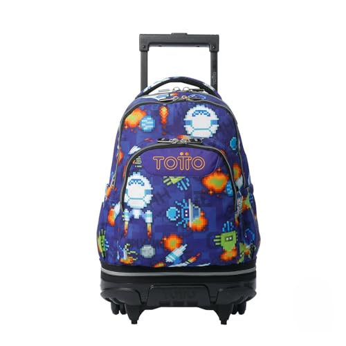 TOTTO - Zaini scolastici con ruote, capacità 26 l, diversi modelli, con tasca per PC, maniglia telescopica, tasche laterali bottiglia, cinghie ergonomiche, stampe uniche, Blu (Space Blue), L