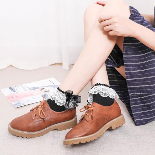 Image of Women Ruffle Socks, Double Layer Lace Butterfly Cute Frilly Girl Princess Cotton Ankle Socks