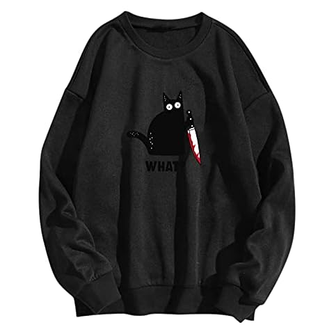Sweatshirt Damen Schwarze Katze Drucken Pulli Casual Elegant Bluse Herbst Angenehm Weich Tee Baggy Atmungsaktiv Damenblusen übergangs Blusentop Streetwear Cover