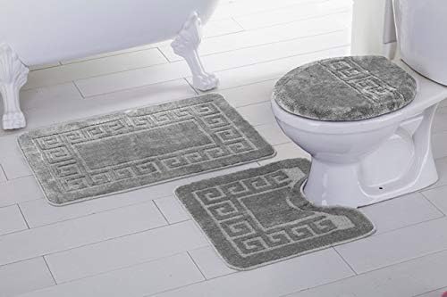 Elegant Home 3 Piece Bathroom Rug Set Bath Rug, Contour Mat, Lid Cover Non-Slip with Rubber Backing Greek Key Design Solid Color # Laura (Light Grey/Silver)