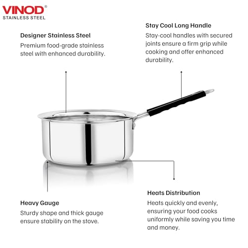 Image of Vinod Stainless Steel Royal Saucepan | 18.5 cm Diameter | 1500 ml Capacity | 18G & 1.5mm Thickness | Even Heat Distribution | Induction & Gas Compatible | Multi-Purpose Cookware