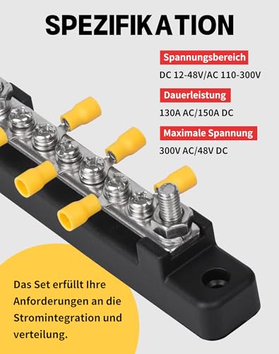 LAOYE Sammelschiene 12V-48V DC 150A Busbar Sammelschienen Verteilerblock 12v Stromverteilungsblock mit Cover 6x M4 Klemmenbolzen 12v Verteiler für Auto RVLKW Rot Schwarz 2 Stück