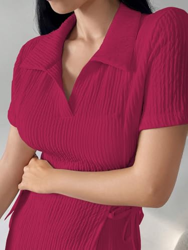 Image of Shasmi Women's Solid Color Applique Lace-Up Collared Short Sleeve, Side-Tie Waist Long Casual Maxi Women Dress Outfit Long Evening Midi Western Party Dress for Women (Dress 211)