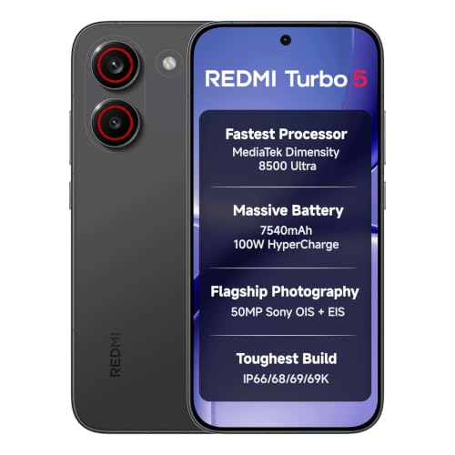 REDMI Turbo 5 (8GB + 256GB) Asphalt Black | Dimensity 8500 Ultra | Mega 7540mAh Battery | 100W HyperCharge | Compact 16.75cm(6.59) 120Hz AMOLED Screen | 50MP Sony OIS Camera