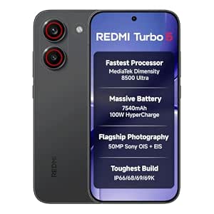 REDMI Turbo 5 (8GB + 256GB) Asphalt Black | Dimensity 8500 Ultra | Mega 7540mAh Battery | 100W HyperCharge | Compact 16.75cm(6.59) 120Hz AMOLED Screen | 50MP Sony OIS Camera