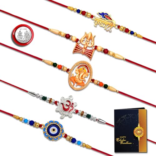 Image of Periapt Multicolour Metal Rakhi Set of 3 for Brother, Traditional Raksha Bandhan Festival Gift for the Whole Family