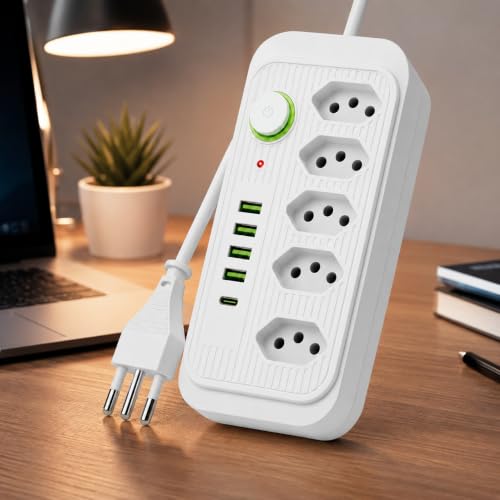 Extensão Elétrica com 5 Tomadas + 4 USB + USB-C, Régua de Energia Bivolt 110/220V, Cabo 2m, Potência 2500W, Proteção Contra Sobrecarga, Ideal para Casa e Escritório (Branco)