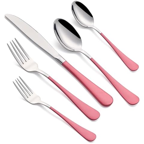 MDEALY 20-Piece Pink Silverware Set for 4, 18/0 Stainless Steel Flatware Cutlery Utensils Set, Include Dinner Knives,Dinner Forks,Dinner Spoons,Salad Forks,Teaspoons,Dishwasher Safe Cover