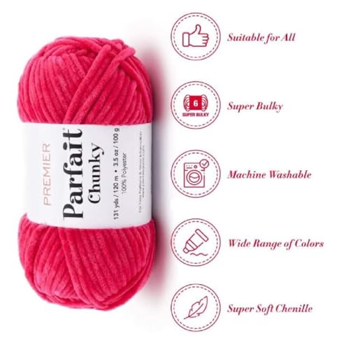 Image of Premier Yarns Parfait Chunky Chenille Yarn 3.5 Oz 6 Super Bulky Weight 3 Pack Bundle with Bella's Stitch Place Holders (Bright Pink)