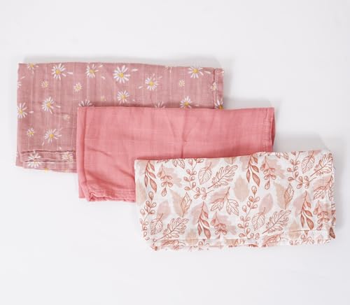 Image of Muslin Swaddle for Baby, 3 Pack, Floral and Solid Patterns (Pink)