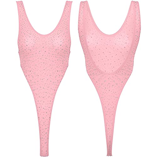 Taikmd Women's Leotard Sleeveless Rhinestone Thong Bodycon Bathing Suits Scoop Neck One Piece Swimsuits Y Tank Diamond Mesh Bodysuit Bikini Top (Pink) #TOP15