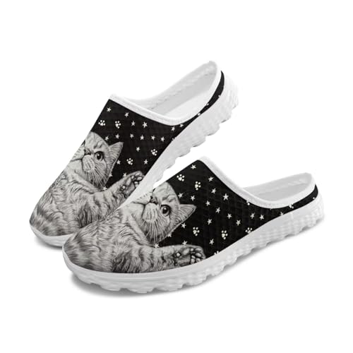 Pynewomyt Grey Cat Print Water Shoes for Women Slip On Mesh Barefoot Shoes Womens Mules Casual Aqua Flats with Non Slip Sole Comfortable Cute Ladeis Mesh Flats Outdoor