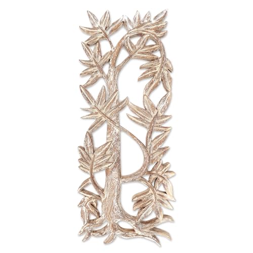 NOVICA Wood Relief Panel Hand Carved Suar Leafmotif White Indonesia Wall Decor Art Tree Balinese Traditional Carvings [19.75in H x 8.25in W x 0.8in D] 'Growing Bamboo'