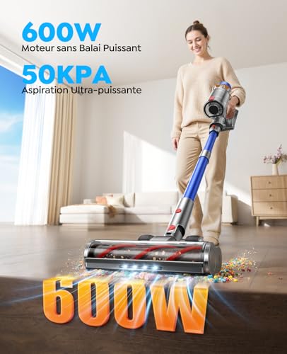 Fieety Aspirateur Balai sans Fil avec 2 Batteries, 130Min/50kPa/600W Aspirateur sans Fil Puissant, Tuyau Extensible, Brosse Canapé, Parfumé, Mode Automatique pour Sols Durs, Tapis, Animaux et Voiture – vue 2