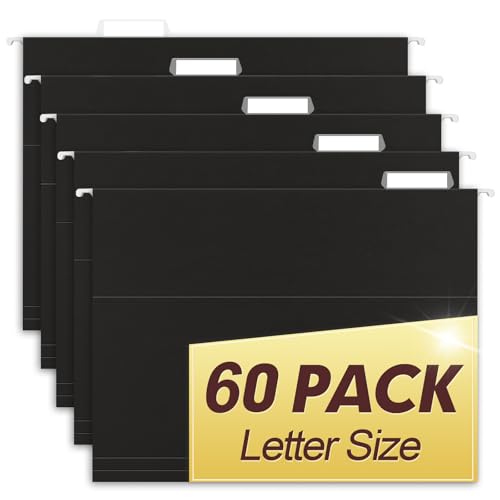 HERKKA Hanging File Folders, 60 Pack Reinforced Letter Size Hanging Folders, Designed for Bulky Files, Filing Cabinet, 1/5-Cut Adjustable Tabs (Black)