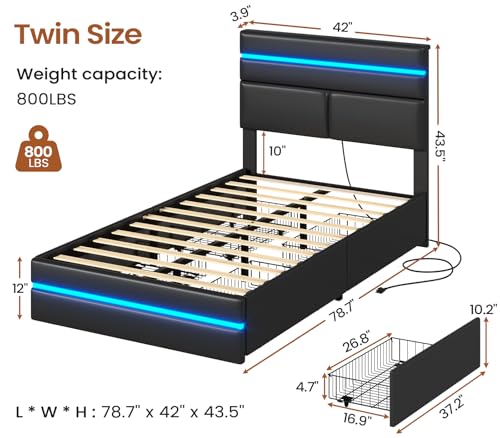 Image of AOGLLATI Twin Bed Frames with 4 Storage Drawers & Headboard, Led Bed Frame Twin with Charging Station, Upholstered Twin Bed with Storage, No Box Spring Needed, Black