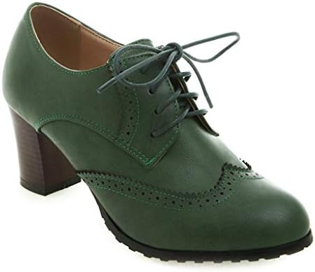 MIOKE Women's Lace Up Wingtip Pump Oxfords Brogues Perforated Chunky Block High Heel Vintage Dress Shoes Green