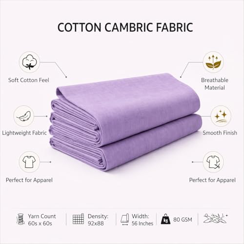 Image of Soimoi Lavender Solid 60 * 60's Cotton Cambric Fabric by 3 Yards, 56 Inch Wide Light Weight Material Suitable for Kurtis, Blouses, Kids Clothing, Tunics, Dresses and Summer Apparel