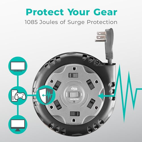 KMC 6-Outlet Surge Twist Cord Reel Retractable Power Strip Surge Protector, 1085J Surge Protection, 8ft 14/3 Retractable Extension Cord, 3-Prong Low-Profile Flat Plug, UL/ETL Certified, Gray by KMC - Image 4