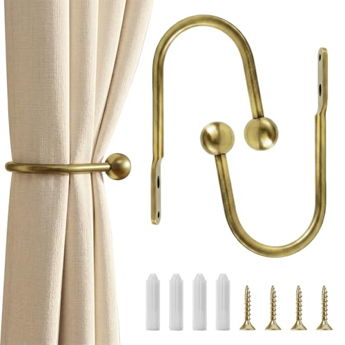 Image of 2 Pcs Curtain Holdbacks, Metal Gold Curtain Tie Backs with Screws, Retro U-Shaped Wall Mounted Hook Decorative Drapery Holder for Bedroom Fixed Curtains or Hanging Items