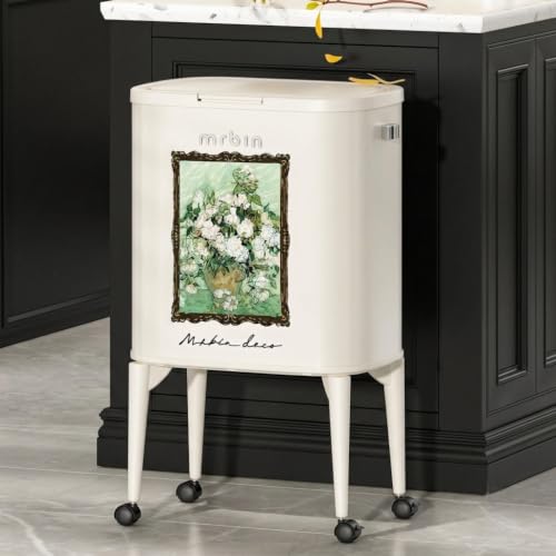 Image of MRBIN Metal Kitchen Trash Can with Wheel Legs, 36L / 9.5gal Medium Press Lid Slim Removable Waste Basket, Pet Proof Tall Narrow Garbage Pail for Vanity, Bedroom, Bathroom, Living Room, White Rose