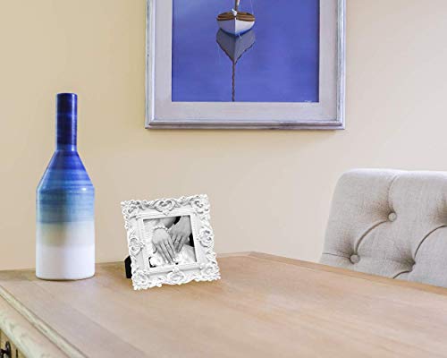Laura Ashley 4X4 White Ornate Textured Hand-Crafted Resin Picture Frame With Easel & Hook For Tabletop & Wall Display, Decorative Floral Design Home Décor, Photo Gallery, Art, More (4X4, White) #TOP5