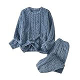 Generisch Zweiteiliges Winter-Pyjama-Set aus Fleece in Übergröße für Damen, langärmliges Oberteil und Hose, gemütliche Kleidung (Dark Blue, One Size)