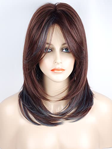 Medium Length Layered Wigs Dark Brown With Blue Highlights Wigs Layered Wig With Bangs Synthetic Wig Highlight Wigs For White Women (Brown With Blue) #TOP1