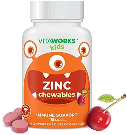 VitaWorks Kids Zinc 15mg Chewable Tablets - Natural Cherry Flavor - Vegan, Vegetarian, GMO-Free, Gluten Free, Nut Free Vitamins - Dietary Supplement for Immune Support - for Children - 120 Chewables