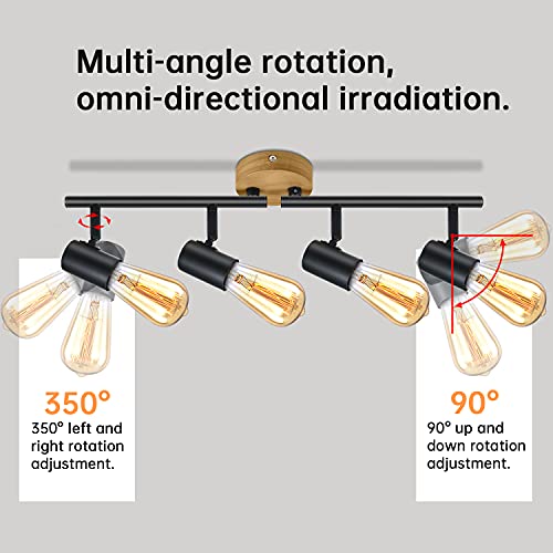 Ketom Plafonnier 4 Spots Orientables E27 Spots de Plafond Rotatif à 350° et Réglable à 90° Intérieur Lampe Murale en Bois Noir Plafond Spot Vintage pour Bureau Salon Hôtel Max 50W (Sans Ampoules) - Image 4