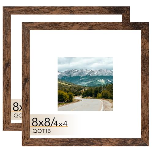 QOTIB 8x8 Picture Frame with 4x4 Mat Deep Brown, Display 4x4 with Mat or 8x8 Without Mat, Wood 8 by 8 Photo Frame, 8 x 8 Frame for Wall Hanging and Tabletop Display, Deep Brown, 2 Pack