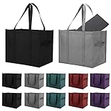 MAXCYCLE Wiederverwendbare Einkaufstasche, 12 Stück, groß, faltbar, umweltfreundlich, mit Griff und 5 Bodenblättern, Schwarz, Grau, Lila, Grün, Weinrot, Large