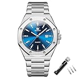 八角形 腕時計 メンズ シルバー 人気 防水 アナログクオーツ うで時計 ドレスビジネス オシャレ ステンレス鋼 Olevs メンズ時計日付 軽量 大きい文字盤 男性腕時 計メタルバンド ウォッチ プレゼント父の日、ブルー