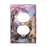 Cherries Blossom - Placa de pared dúplex con diseño romántico de puente clásico, río, primavera, melocotón, plástico, tamaño estándar, para tomas de corriente, para sala de estar, dormitorio