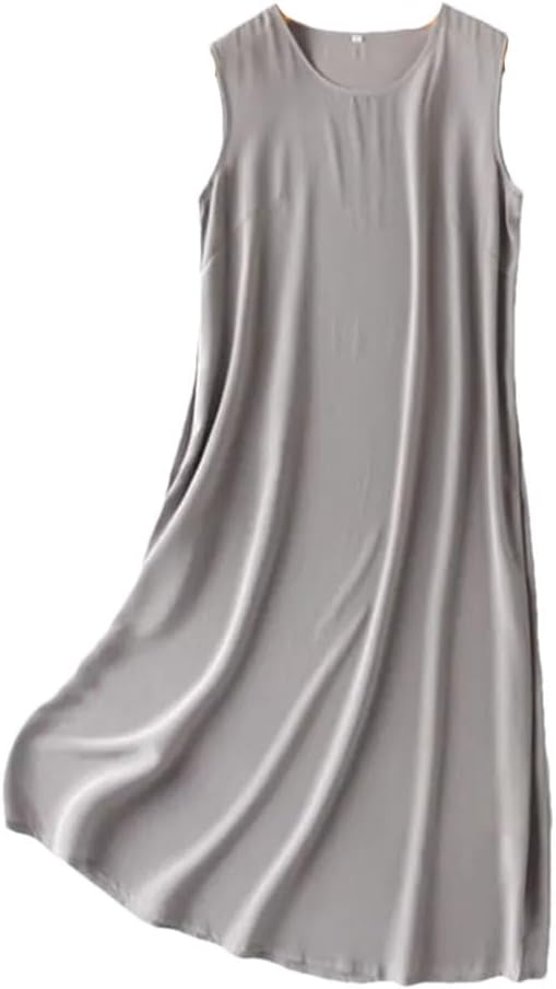 Women Slips Dress Silk Solid Colors Summer Sleeveless A-Line Tank Top Dress Sleepwear